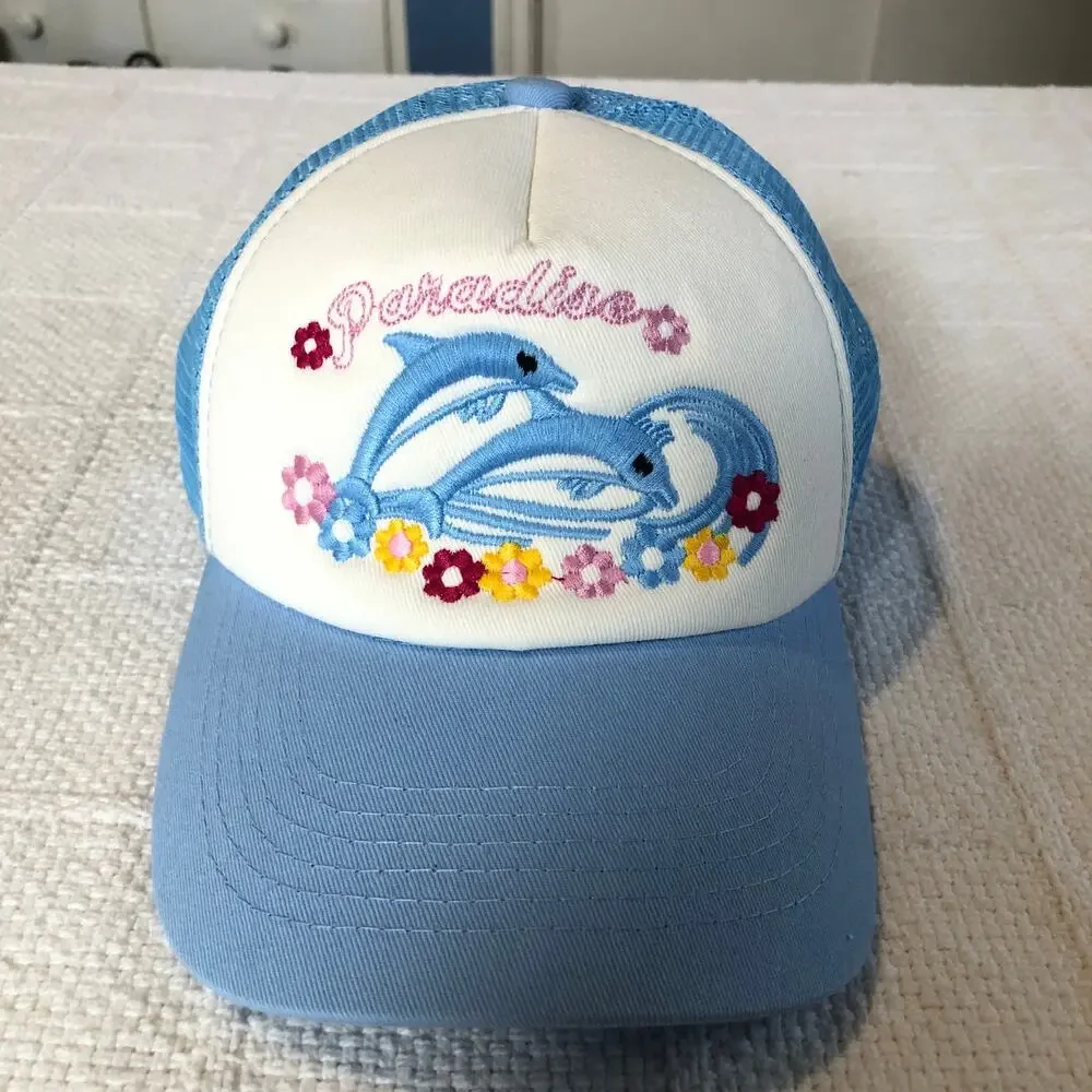 Dolphin Trucker Hat Paradise Embroidered Cap Blue White O/S Retro Kawaii Coastal - Picture 1 of 8